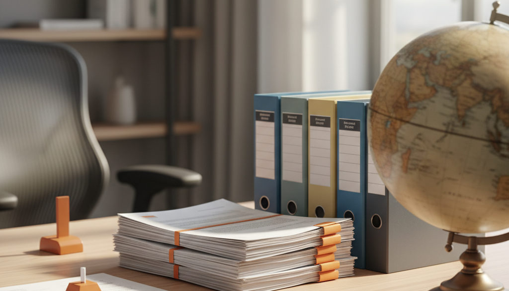 Bureau RH, documents de conformité et globe terrestre.