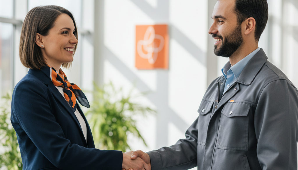 Chef de projet et travailleur international célèbrent une réussite.