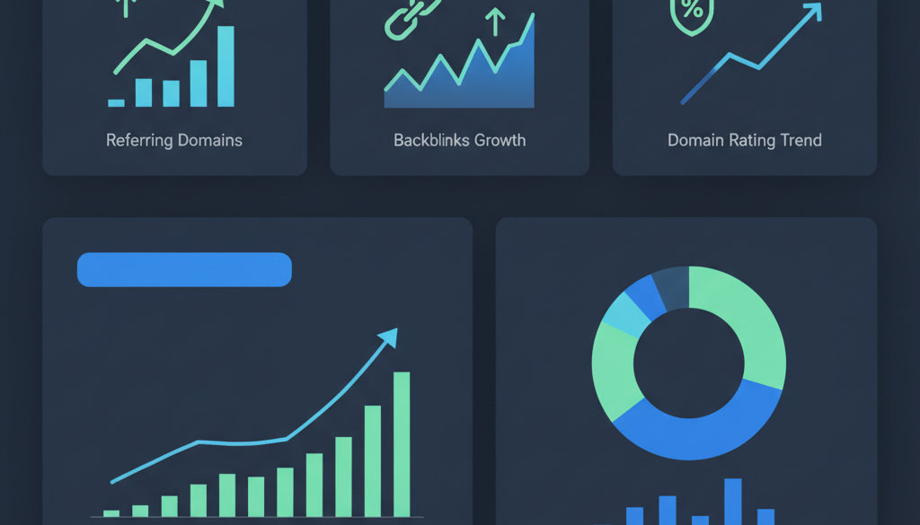 Dashboard SEO cu indicatori cheie de link building.