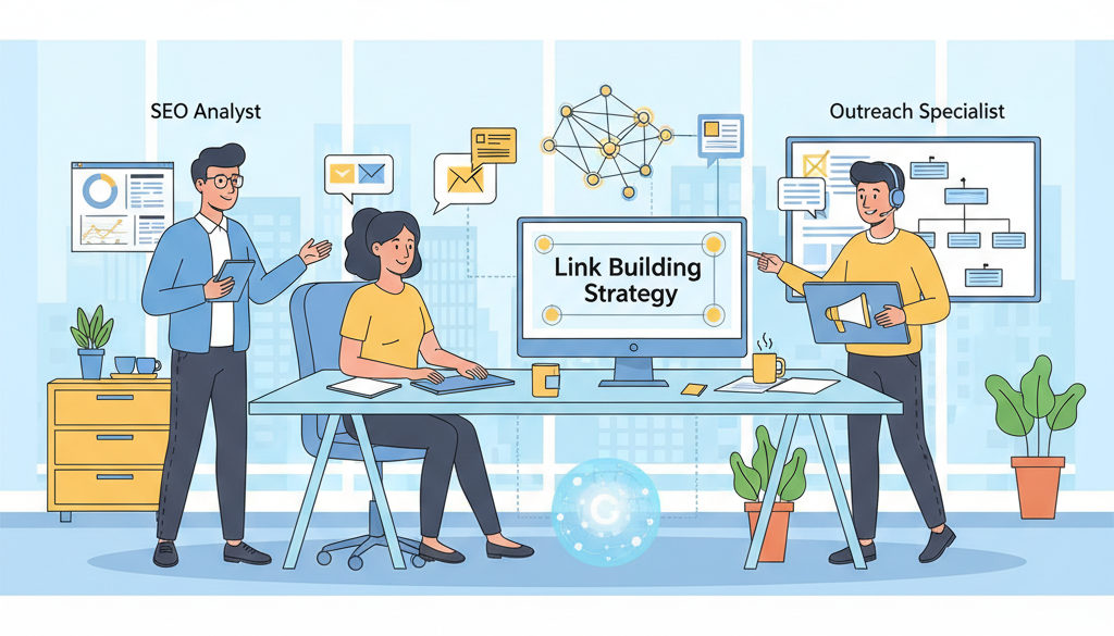 Echipă de marketing colaborând la strategia de link building.