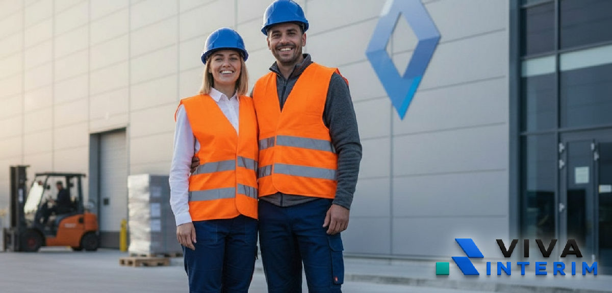 Couple roumain souriant devant un entrepôt logistique.