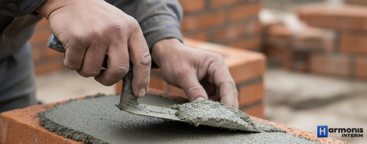 Mains expertes d'un maçon appliquant du mortier sur des briques.