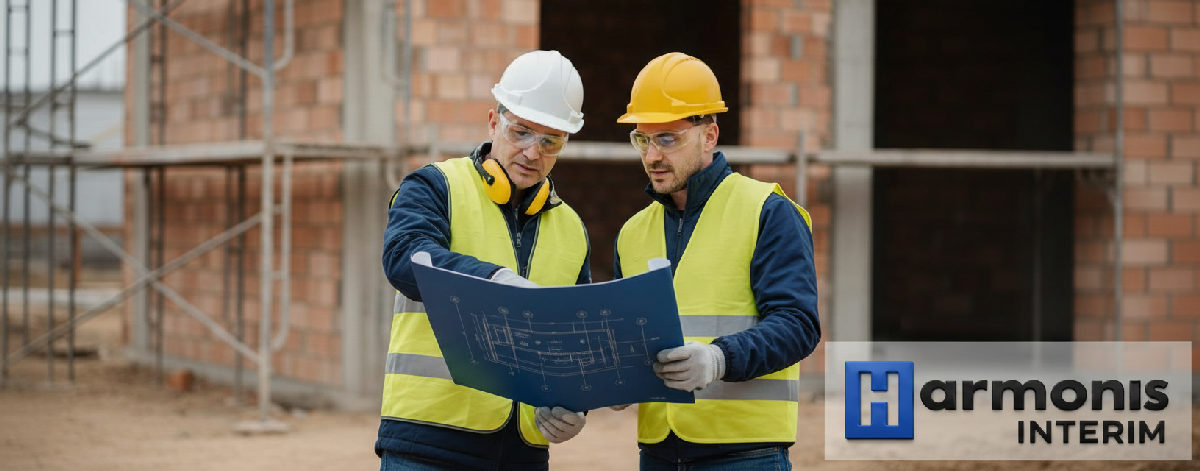 Chef de chantier expliquant un plan à un maçon sur le site.