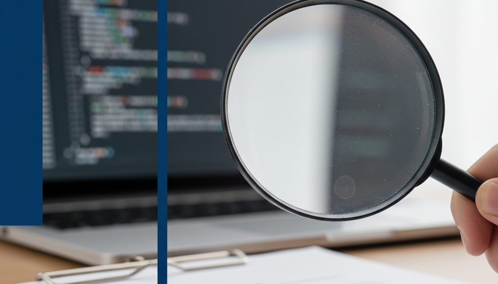 Magnifying glass over legal document with code on a laptop screen.