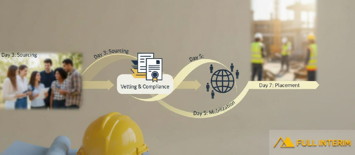 Infographie du processus de recrutement de 7 jours sur un chantier.