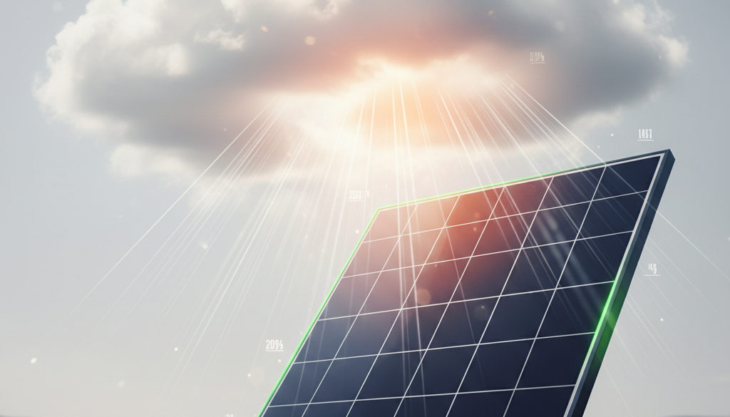 Průnik slunečního záření skrze mraky dopadající na fotovoltaický panel.