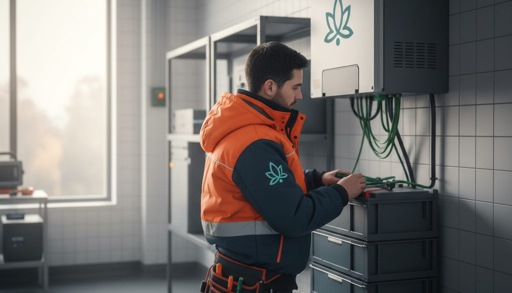 Technik kontroluje střídač a bateriový systém v technické místnosti.