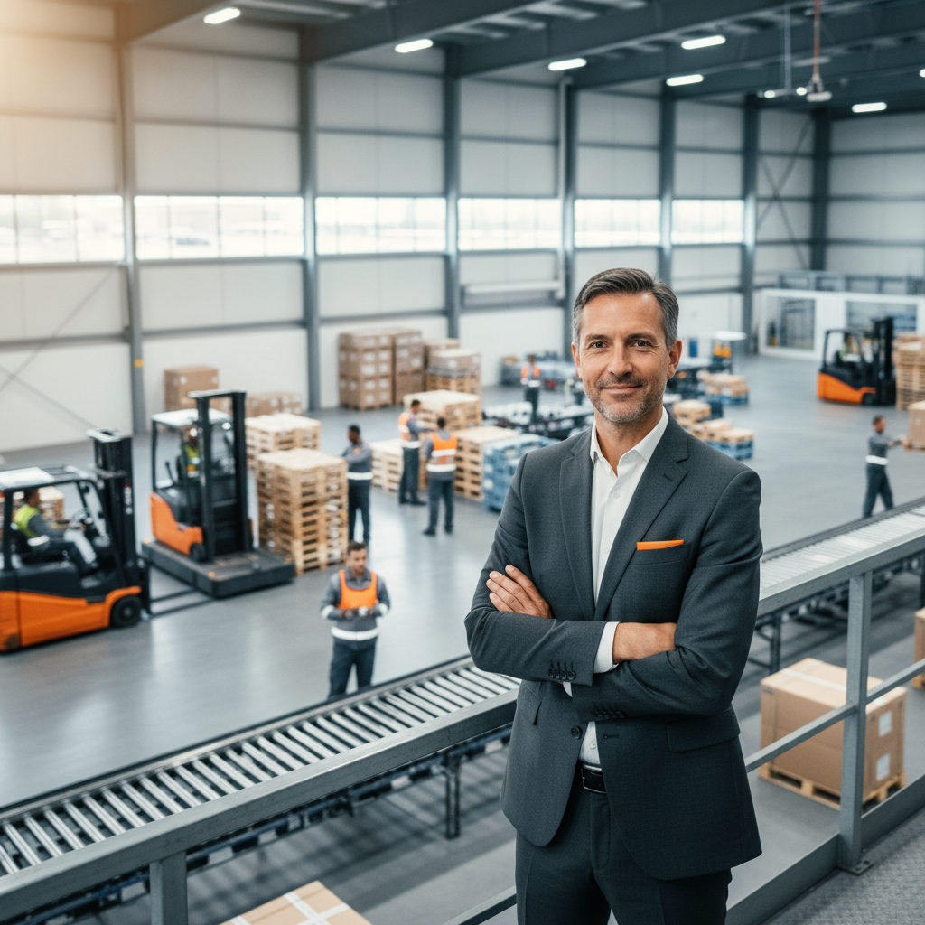 Un chef d'entreprise serein supervisant ses opérations logistiques avec une équipe efficace en arrière-plan.