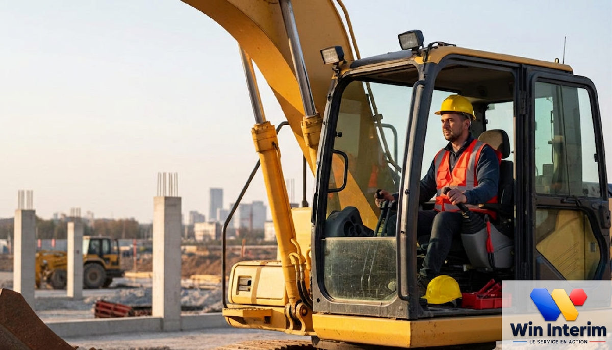 recrutement conducteurs engins roumains btp sécurité - Conducteur de pelleteuse sur un chantier moderne.