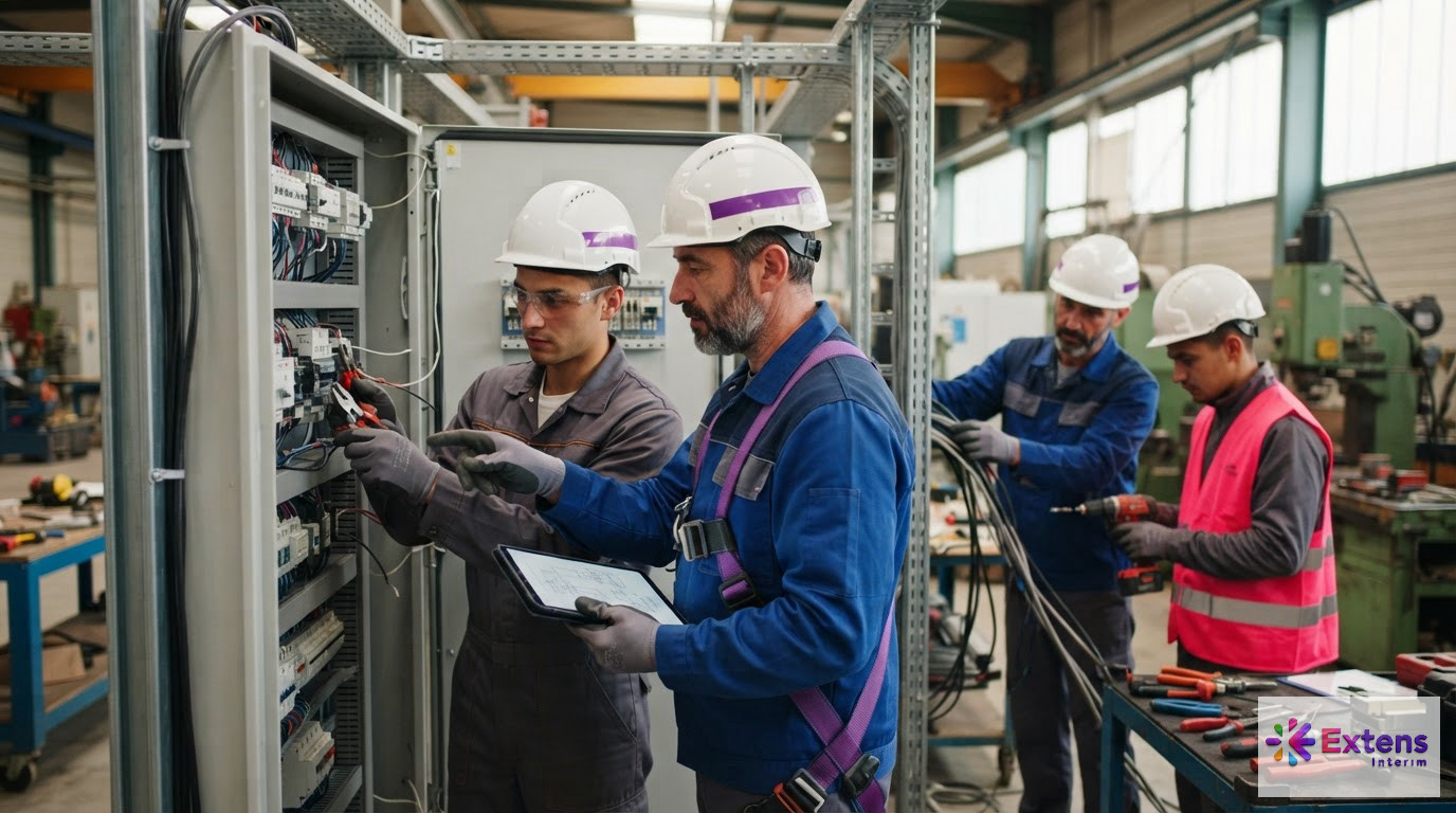Techniciens français et roumains collaborent sur une installation électrique industrielle.