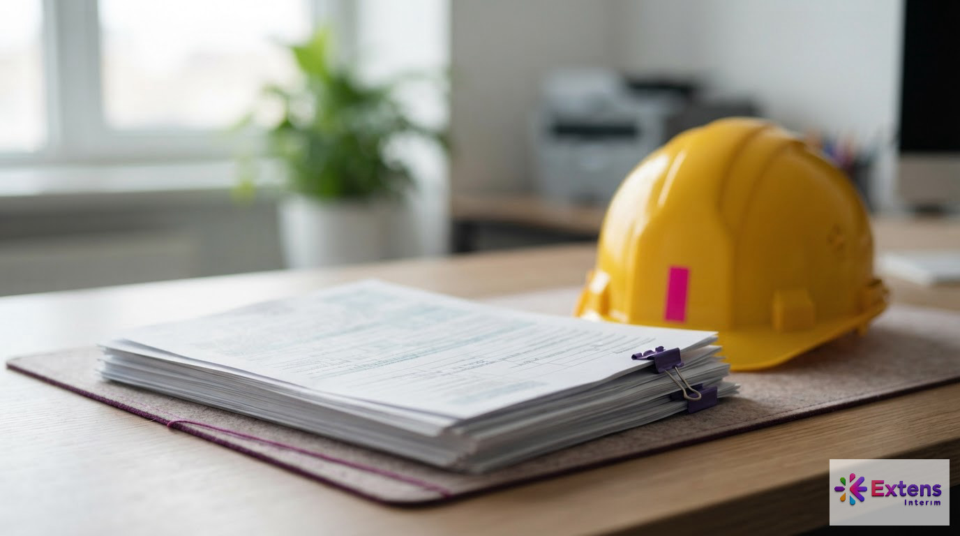 Documents de détachement et casque de chantier sur une table.