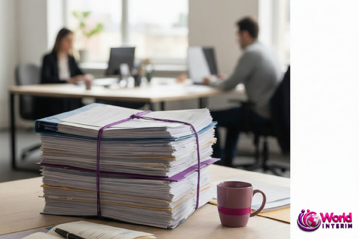 Bureau de recrutement montrant des dossiers de travailleurs roumains conformes.