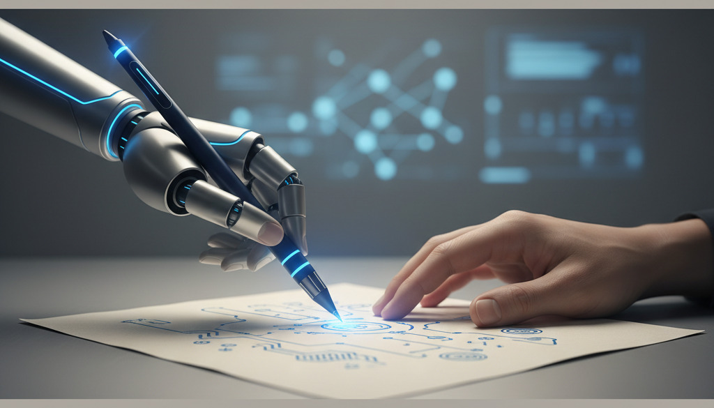 Ruka vede robotické rameno při psaní, což symbolizuje spolupráci člověka a AI v marketingovém obsahu.