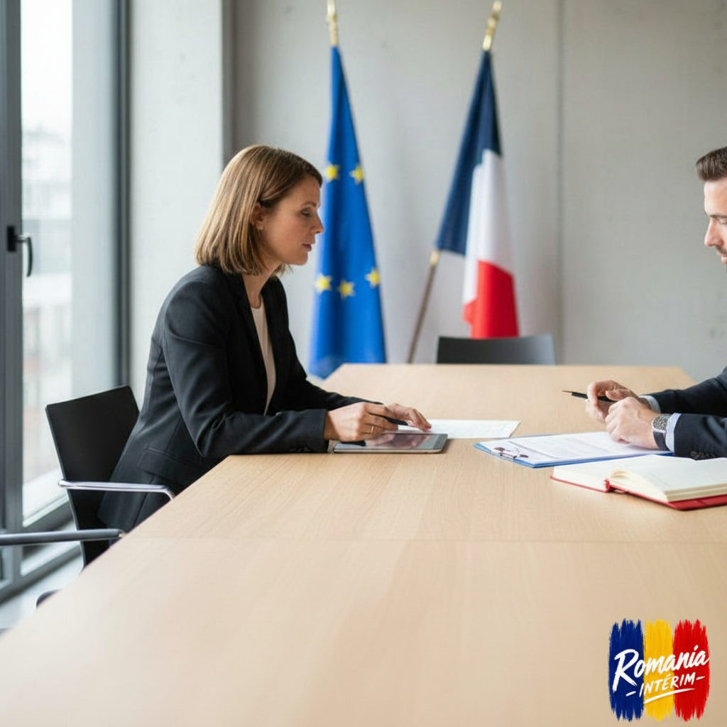 comment recruter via Romania Intérim depuis la France - Bureau de recrutement parisien avec drapeaux français et européen.