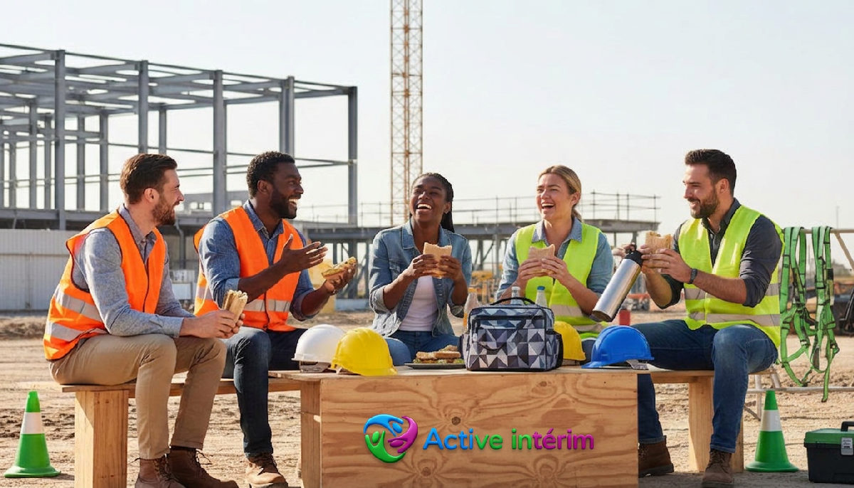 Travailleurs internationaux partageant un repas et riant pendant une pause.