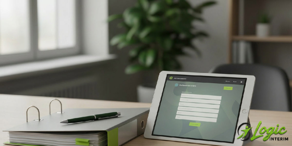 Documents administratifs et tablette affichant un portail de déclaration pour le détachement BTP.