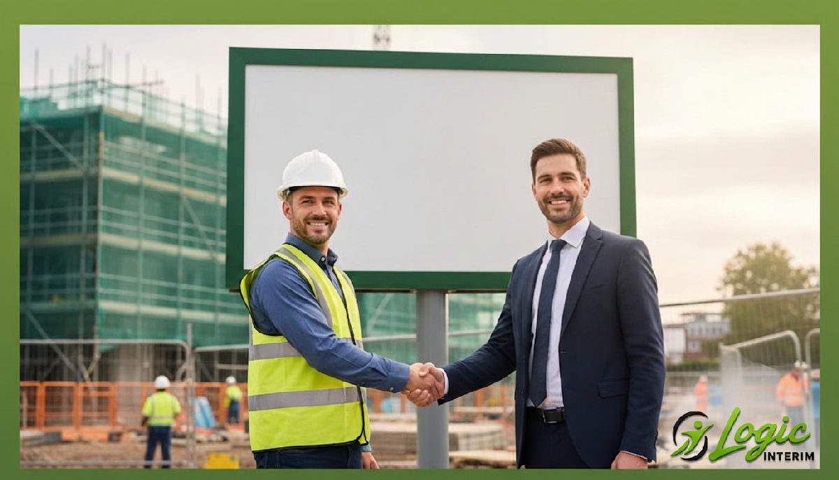 Chef de chantier et conseiller en recrutement symbolisant le succès et la conformité.