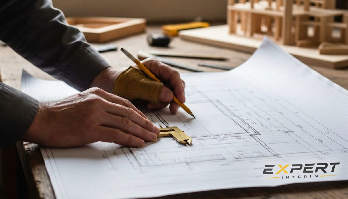 Artisan travaillant sur des plans techniques de construction.
