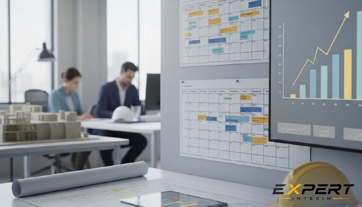Bureau de gestion de projet BTP avec calendrier et graphiques.