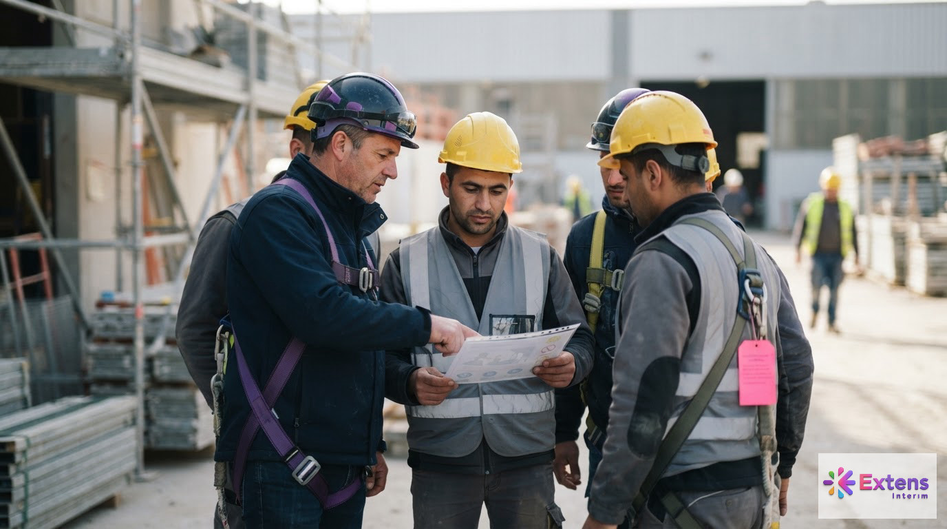 Travailleurs roumains en tenue de sécurité recevant des consignes sur un chantier.