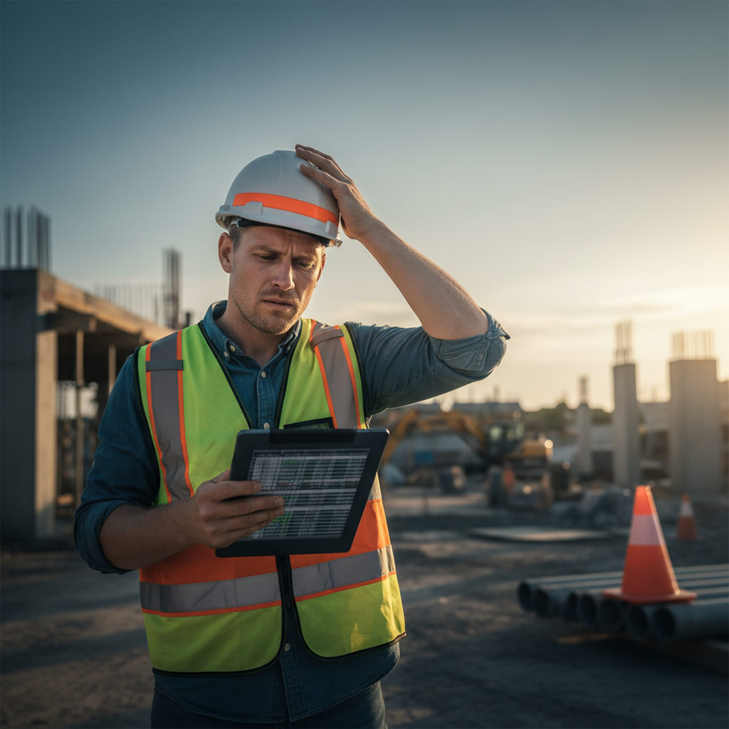 A professional construction site manager looking stressed while checking a schedule, illustrating gestion détachement personnel roumain erreurs.