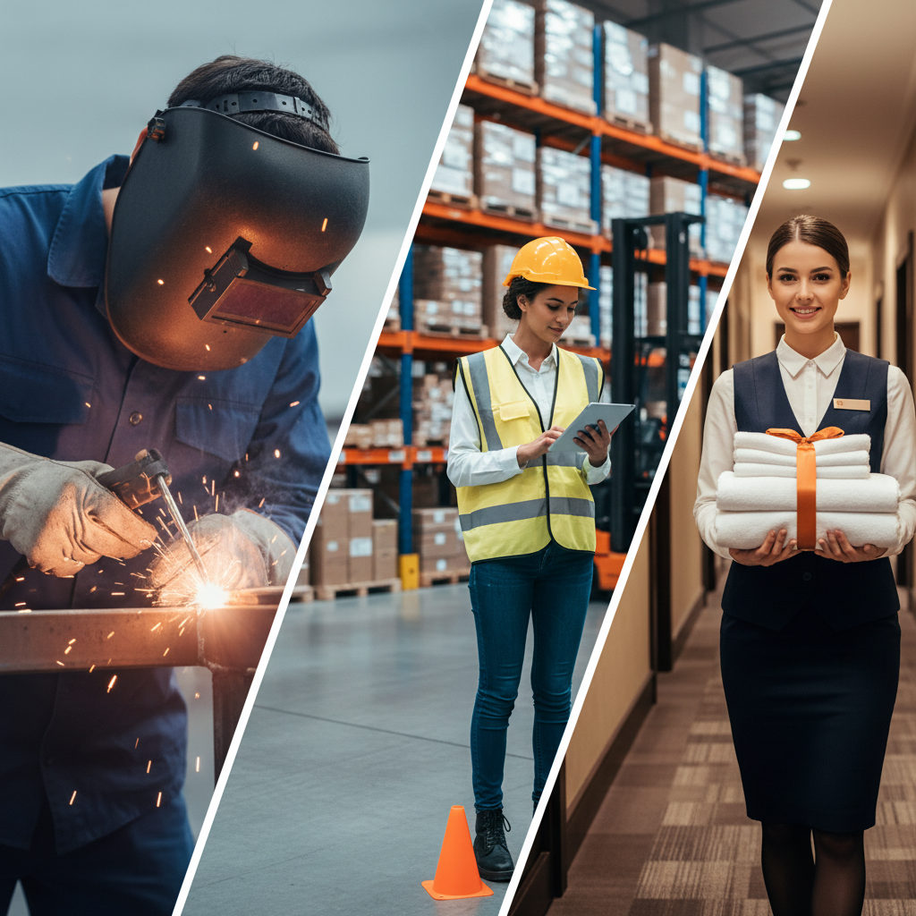 A collage representing various skills: a welder, a logistics operator and a hotel staff member, illustrating diversity of qualified Romanian workforce.