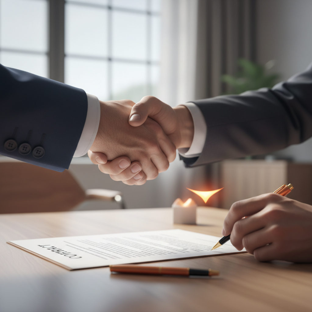 A close-up of a contract being signed and a handshake, symbolizing a secure partnership for interim recruitment.