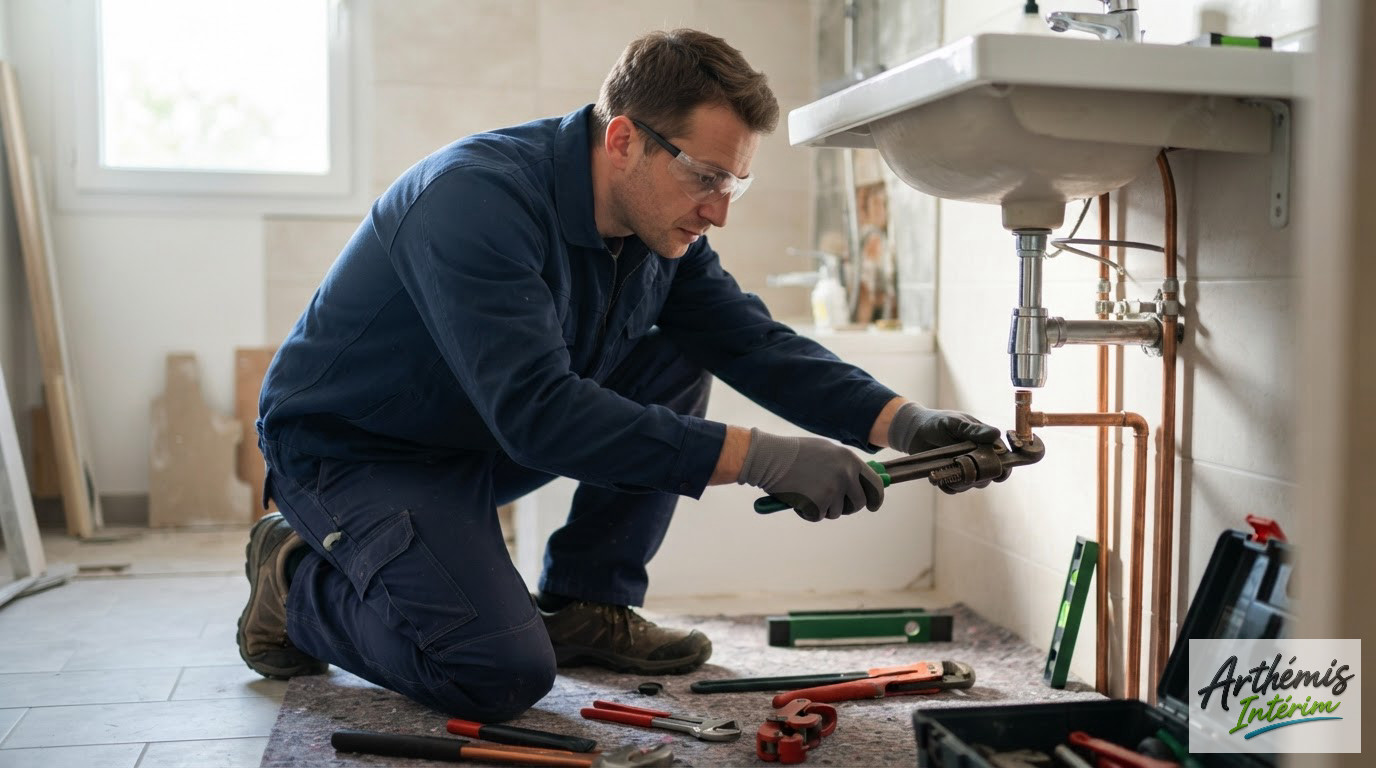 Un plombier qualifié travaillant sur un chantier respectant les normes de sécurité.
