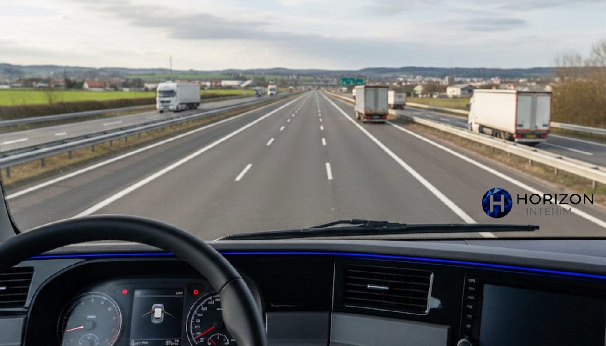 Tableau de bord de camion avec vue sur autoroute française.