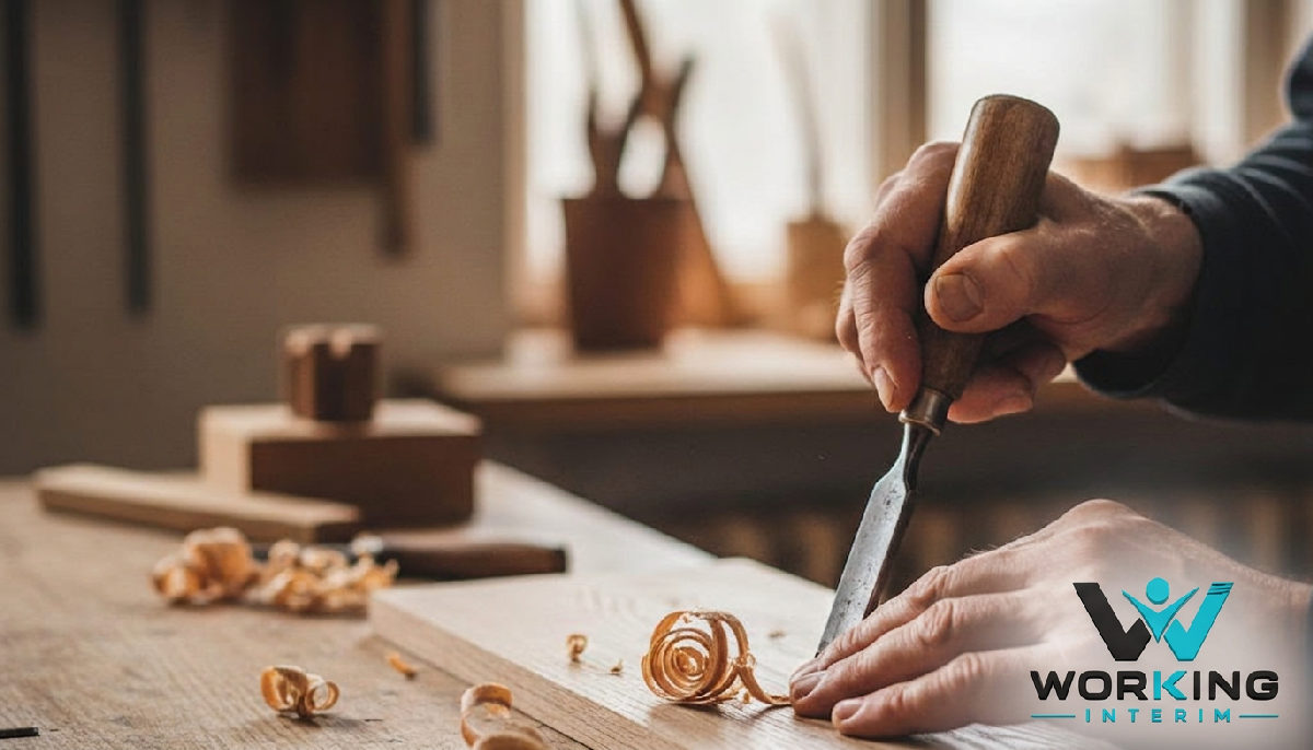 Gros plan sur les mains habiles d'un artisan charpentier au travail.