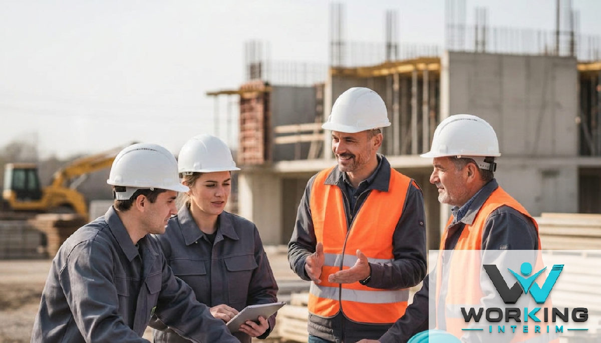Chef de chantier et ouvriers roumains en discussion sur le site.
