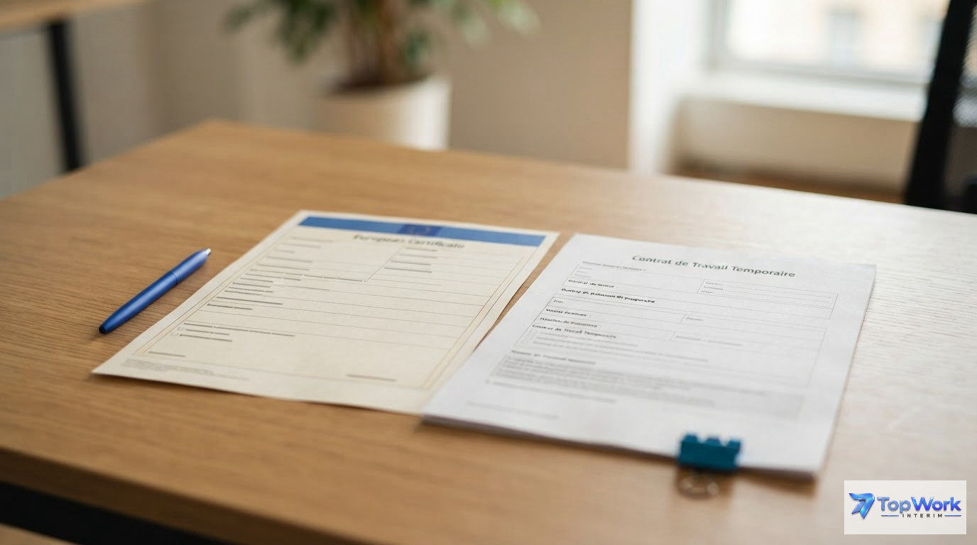Un formulaire A1 européen posé sur un contrat de travail français pour intérimaire.