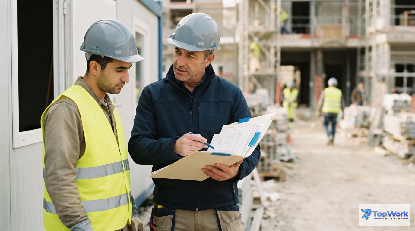 Un chef de chantier vérifiant les diplômes et certifications d'un ouvrier roumain.