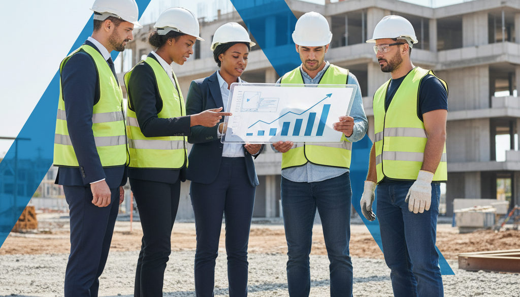 intégration travailleurs détachés croissance - Groupe diversifié en sécurité et bureau sur chantier, symbole d'intégration.