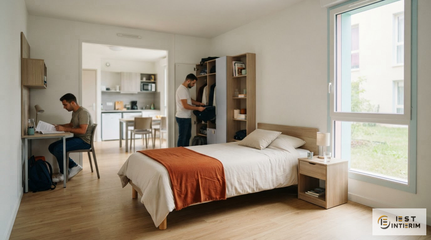 Intérieur d'un logement collectif moderne respectant les normes pour travailleurs temporaires.