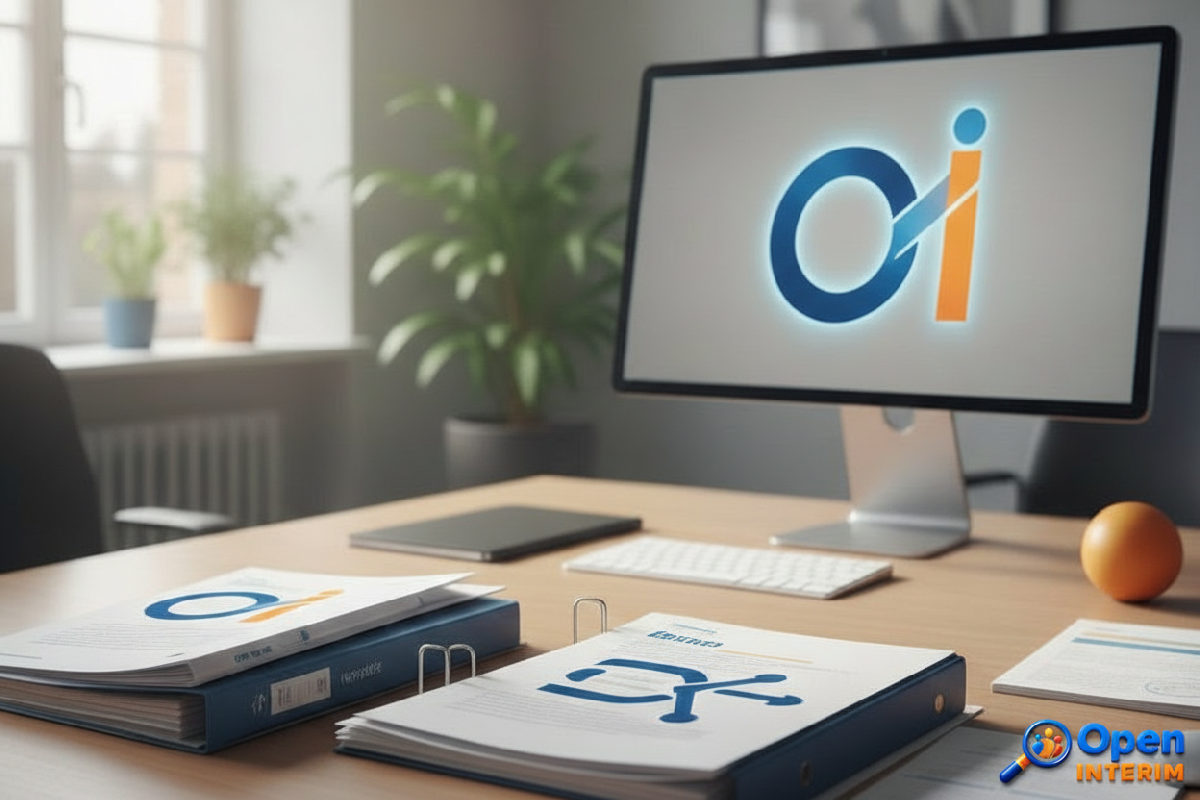 Bureau de recrutement montrant des dossiers européens et le logo Open Interim.