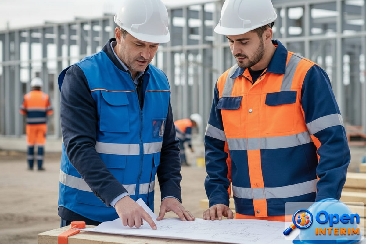 Chef de chantier français expliquant des plans à un ouvrier roumain.