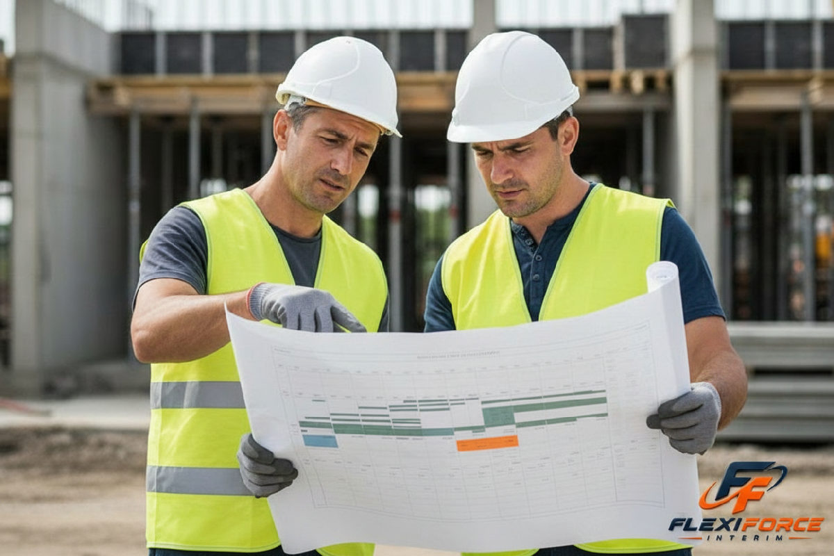 durée maximum détachement travailleur roumain - Travailleurs sur un chantier, discutant du calendrier de détachement.