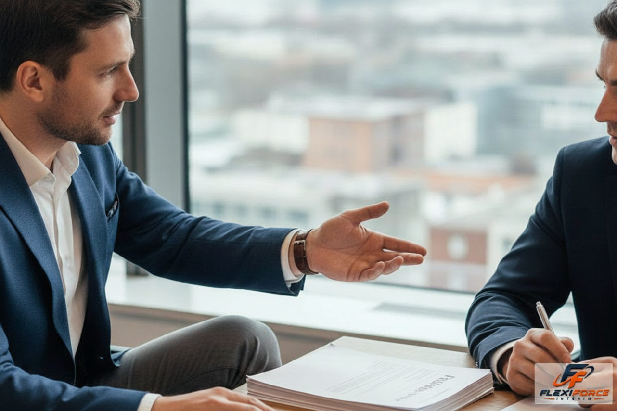 Consultant expliquant les formulaires A1 à un chef d'entreprise.