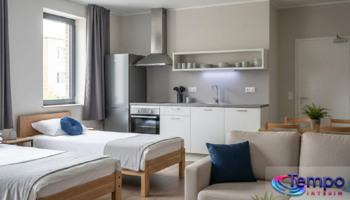 Logement propre et confortable pour travailleurs temporaires, avec cuisine.