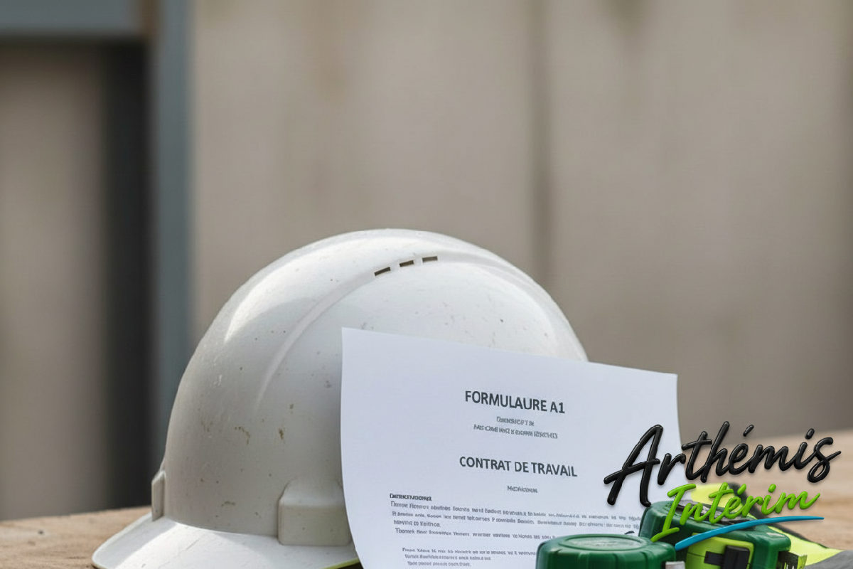 Documents de détachement sur un casque de chantier.