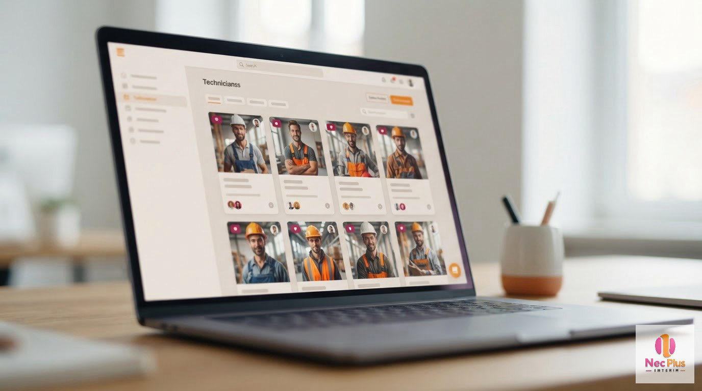 Écran affichant une plateforme de recrutement numérique pour techniciens roumains.