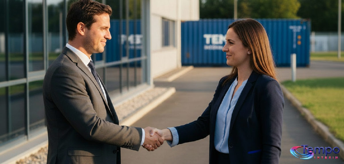 Partenariat réussi entre entreprise française et agence d'intérim, scellé par une poignée de main.