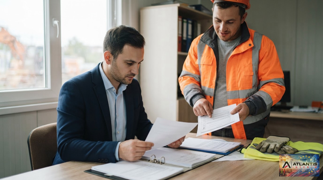 Responsable RH vérifiant les documents et la sécurité d'un travailleur détaché.