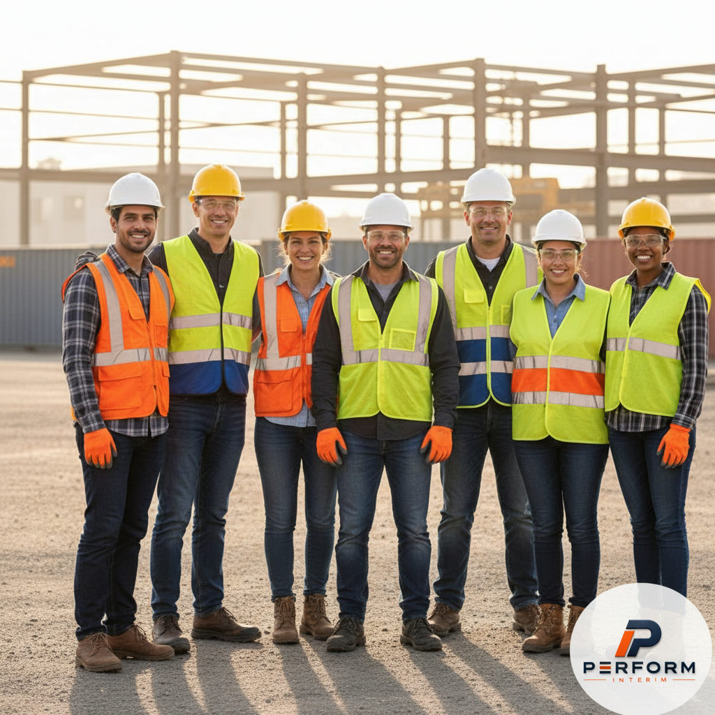 Intérimaires internationaux souriants avec EPI sur site industriel.