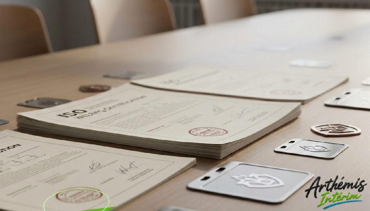Certificats de soudure et badges de sécurité sur une table.