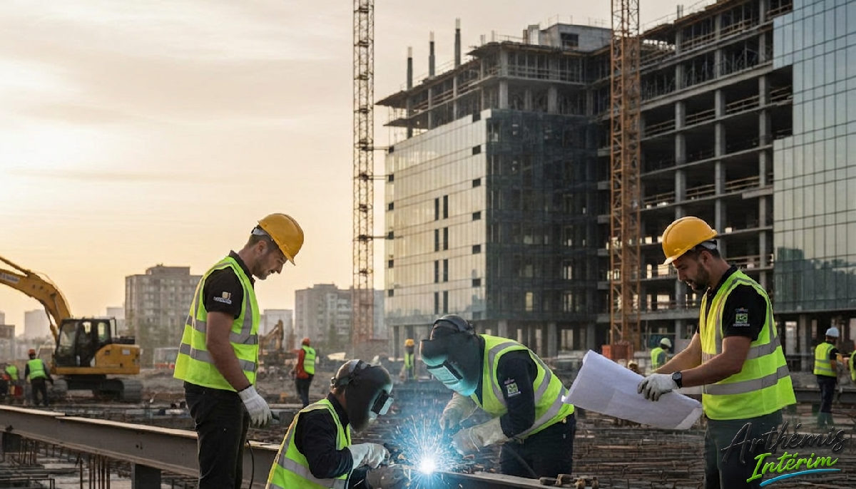 Chantier BTP moderne avec soudeurs roumains et français collaborant.