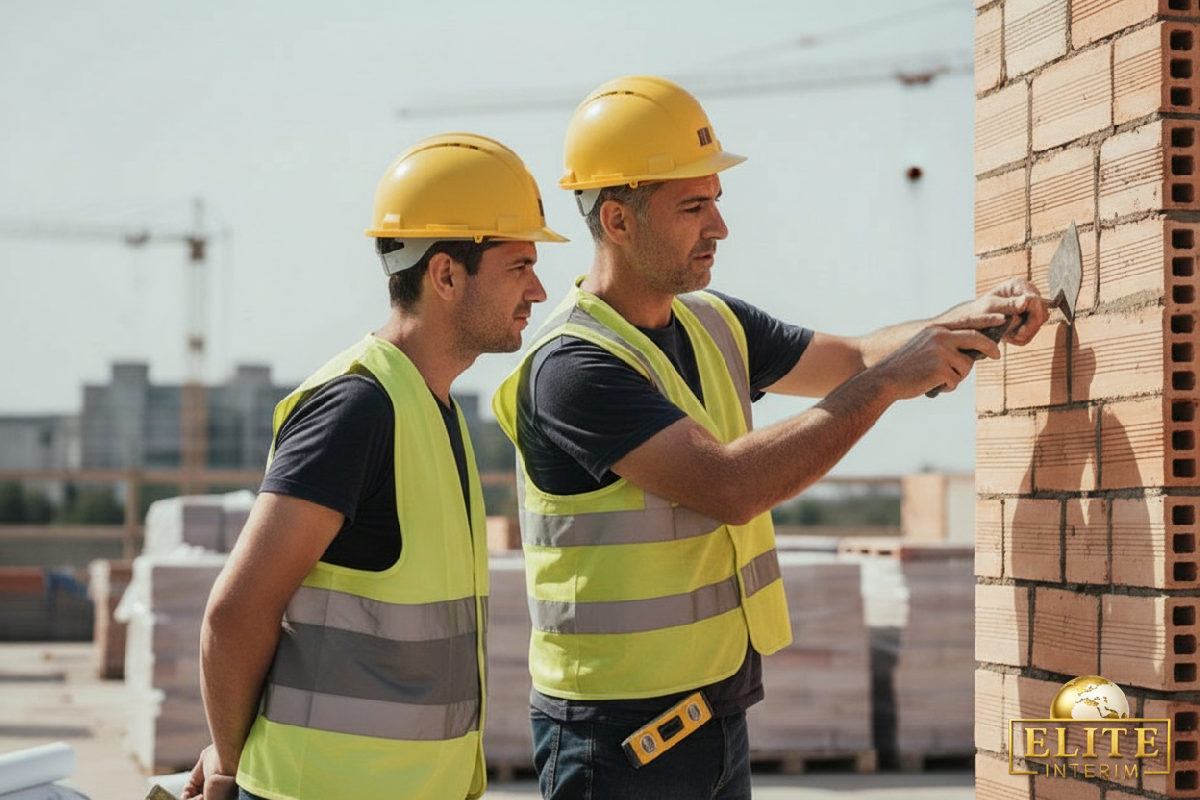 Chef de chantier expliquant une technique de pose complexe.