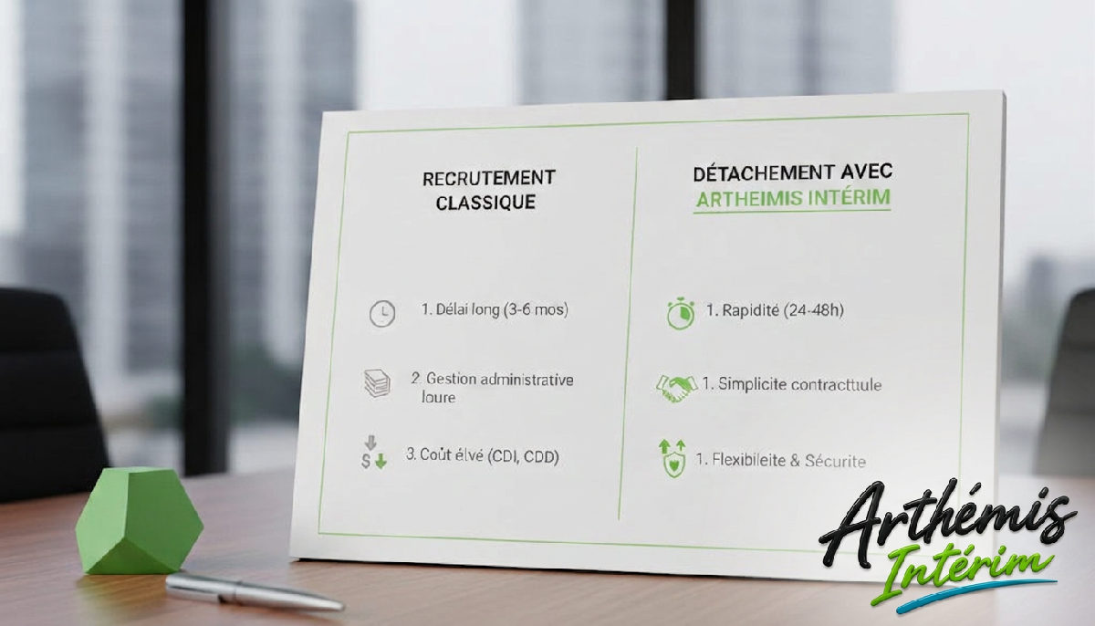 Tableau comparatif : recrutement classique vs détachement avec Artheimis Intérim.