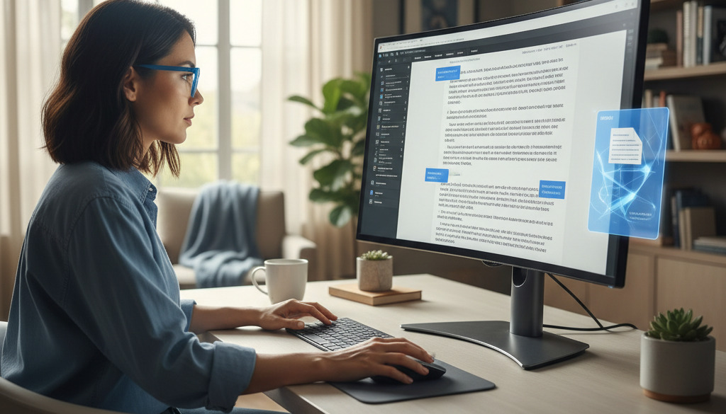 Person reviewing computer screen with AI content suggestions.